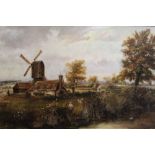 19th century English School oil on canvas - landscape with windmill, 103cm x 57cm.