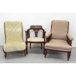 Victorian mahogany easy chair , Victorian buttoned nursing chair and Edwardian carved mahogany tub c