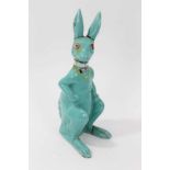 Unusual pottery figure, possibly of the March Hare, in a Galle style turquoise glaze, 27cm height