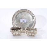 Victorian silver card tray of circular form, with foliate engraved decoration and bead border (Londo