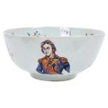 Unusual polychrome Delft ware bowl, commemorating Nelson, with ship and floral decoration, 29cm diam