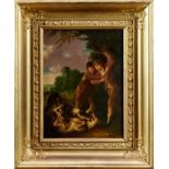 Attributed to Barker of Bath, oil on panel - Two boys by two dogs fighting