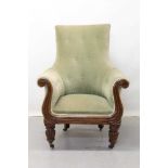 Regency mahogany scroll arm easy chair with buttoned green dragon upholstery on turned and fluted le