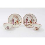 Two pairs of 18th century Lowestoft porcelain tea bowls and saucers, decorated in polychrome enamels