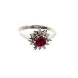 Ruby and diamond flower head cluster ring