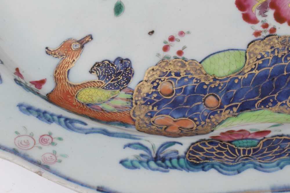 18th century Chinese tobacco leaf porcelain platter, finely decorated in famille rose enamels and un - Image 2 of 7