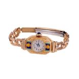 18ct gold and enamel ladies Art Deco cocktail watch, on plated bracelet
