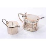 1920s silver octagonal mustard pot, and one other, plus two spoons.