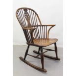 19th century Windsor elm wheelback rocking elbow chair