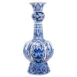 Very large and impressive late 19th century blue and white Dutch Delft garlic neck vase, painted wit