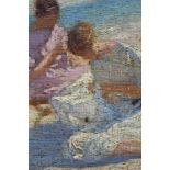 Small Impressionist circular signed oil of two girls on beach