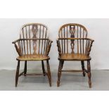 Pair 19th century ash and elm country Windsor stick back elbow chairs with solid seats on turned leg