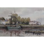 French School, early 20th century watercolour, twin masted ship beside a quay