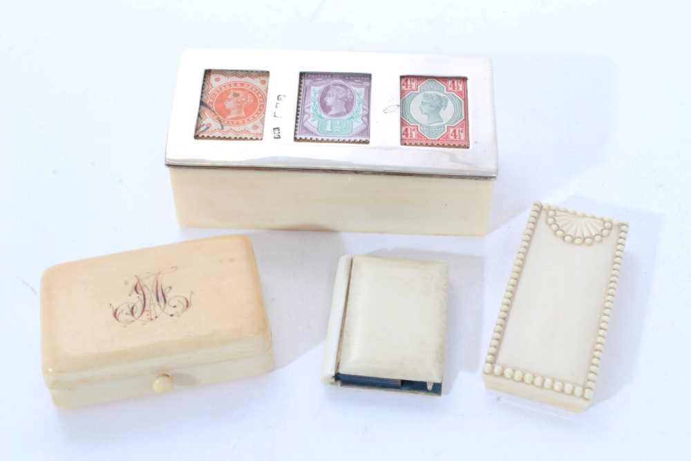 Three late 19th/early 20th century ivory stamp holders, together with a Victorian ivory stamp box.