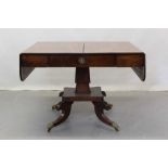 George III inlaid mahogany sofa table with frieze drawer, two flaps, square taper column on shaped p