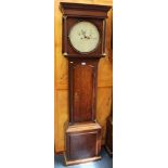 19th century eight day longcase clock ,with circular painted dial in oak case, two weights and key p