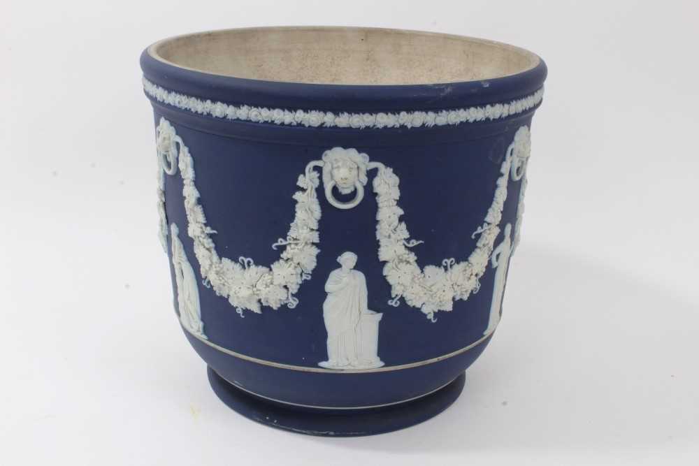 Large antique Wedgwood dark blue jasper ware jardinière, circa 1890, decorated with classical figure - Image 6 of 10