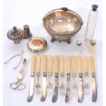 Selection of silver and silver plate, including a small Victorian silver basket and other items.
