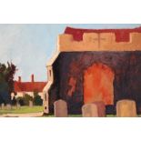 David Britton, contemporary, oil on board - Fingeringhoe Church, signed, framed, 36cm x 41cm