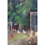 David Britton, contemporary, oil on board - Chickens Under a Chestnut Tree, signed, framed, 59cm x 3