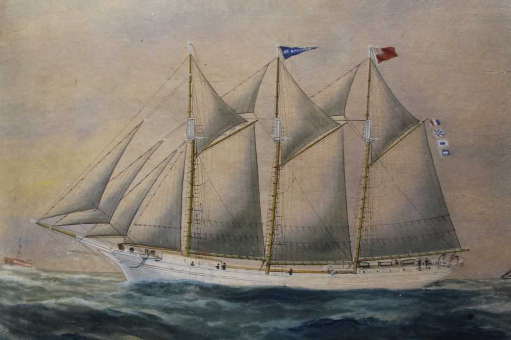 19th century pierhead school painting watercolour of a three masted vessel J E Bachman of Lahaye