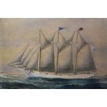 19th century pierhead school painting watercolour of a three masted vessel J E Bachman of Lahaye