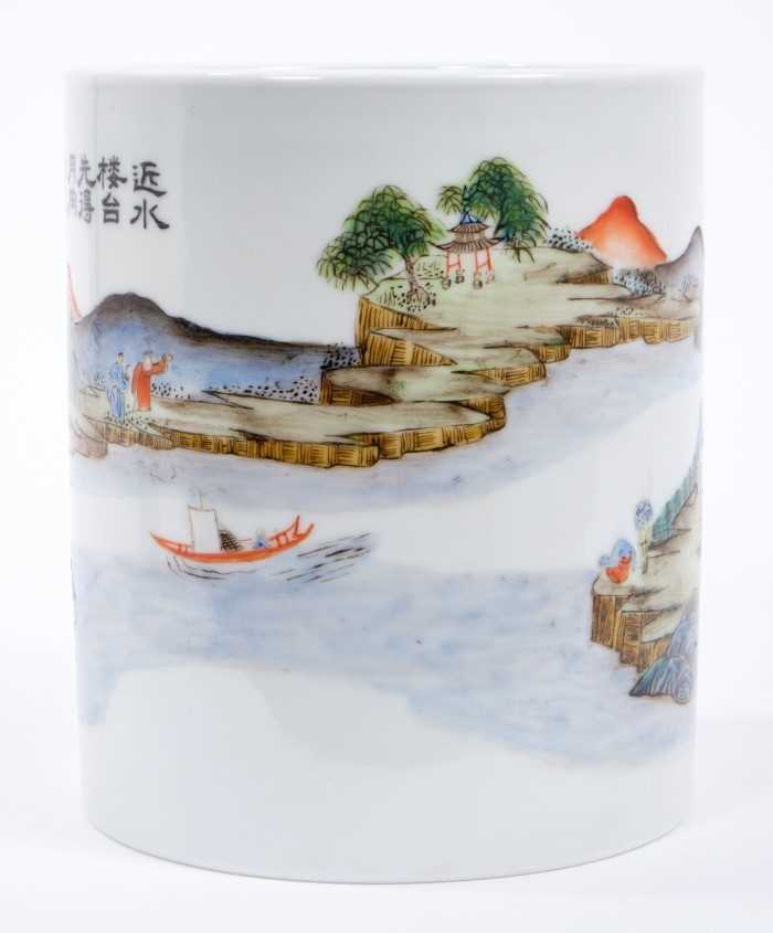 Chinese porcelain brush pot, polychrome painted with landscape scenes and calligraphy - Image 3 of 4