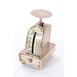 Edwardian silver stamp box in the form of a set of postal scales, with spring balance and pull out d