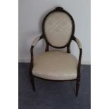 18th century French beech fauteuil with cream upholstered pad back, arms and seat, carved show-wood