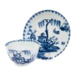 18th century Lowestoft blue and white porcelain tea bowl and saucer, with chinoiserie pattern
