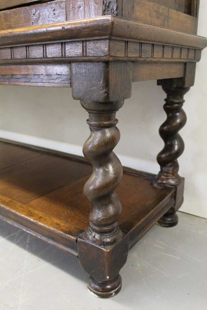 17th century and later oak cupboard on stand with central arched panel flanked by two arched panelle - Image 4 of 4