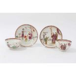 Two pairs of 18th century Lowestoft porcelain tea bowls and saucers, decorated in polychrome enamels