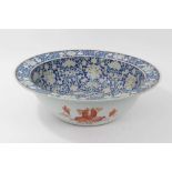 Large antique Chinese porcelain bowl, circa 1900, decorated with bats, fish and foliate patterns on