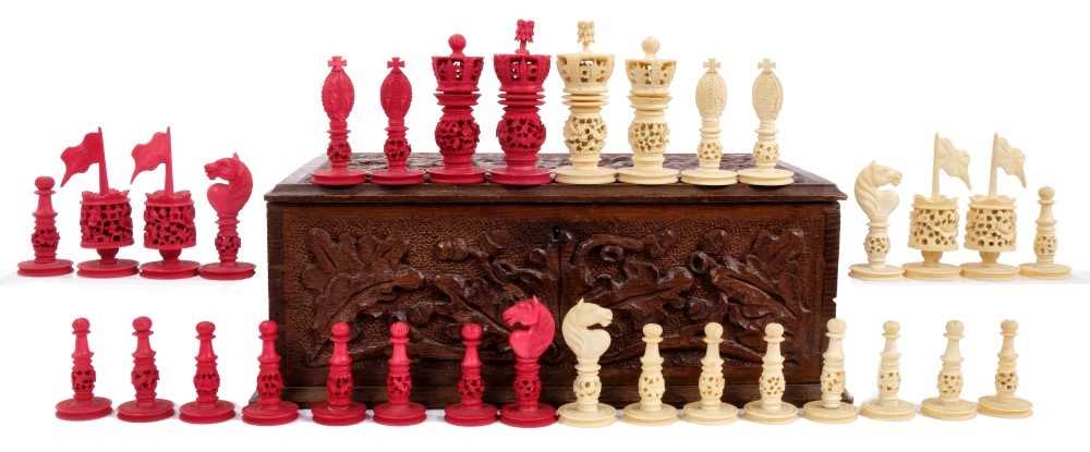 19th century Chinese Canton carved ivory chess set, housed in a fine carved oak fitted box