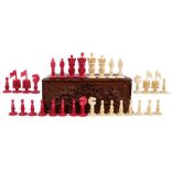 19th century Chinese Canton carved ivory chess set, housed in a fine carved oak fitted box