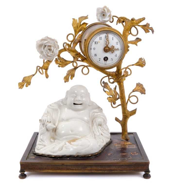 Unusual 19th century French desk clock in the Louis XV style, with ormolu branch on chinoiserie orna