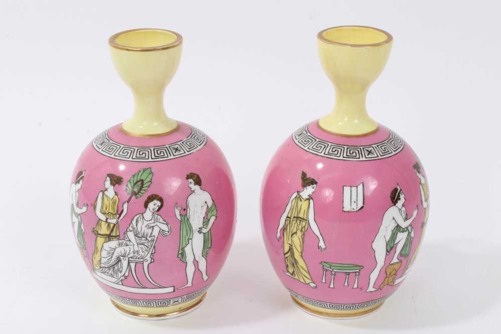 Good garniture of antique Greek revival ceramics, including a pair of pink ground urns by Brown-West - Image 10 of 13