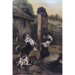 English School, oil on canvas - Farmyard with dogs after a stranded cat, monogrammed