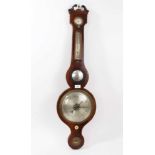 George III banjo barometer with silvered dial and convex glass with swan neck pediment