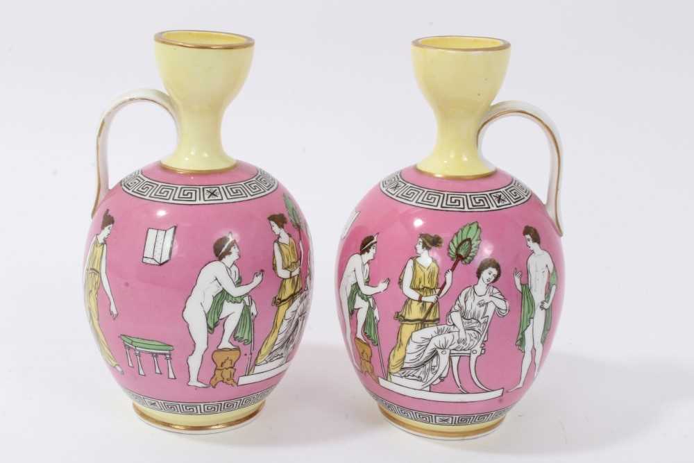 Good garniture of antique Greek revival ceramics, including a pair of pink ground urns by Brown-West - Image 9 of 13