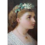 English School 19th Century, oil on card – A pretty young lady with flowers in her hair and a gold l