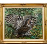 George E Miller (20th century) oil on board- Tawny Owls, signed and dated ‘72.