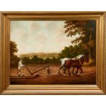 19th century, Naive School, oil on canvas - The Ploughman and heavy horses, in gilt frame