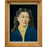 Francis Plummer (1930-2019) egg tempera on board - portrait of a lady in blue coat, apparently unsig