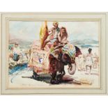 Follower of Edward Seago, watercolour - Elephant and riders