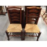 Set of six early 19th century Lancashire ash and elm ladder back dining chairs with rush seats on tu