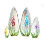 Collection of four Mats Jonasson glass sculptures of Orchids, (33818, 33819, 88156, 33646) the talle