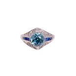 Art Deco blue zircon, sapphire and diamond platinum ring