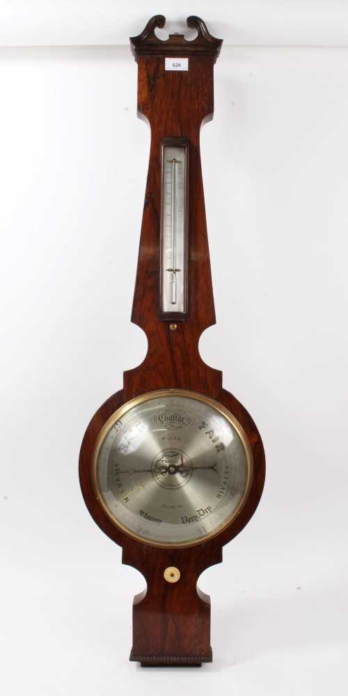 George IV rosewood banjo barometer thermometer with silvered dial signed Walsh, Reading, 110cm high