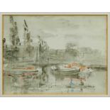 Philip Connard (1878 - 1958), pencil and watercolour- Swans on the Thames, Richmond, signed with ini